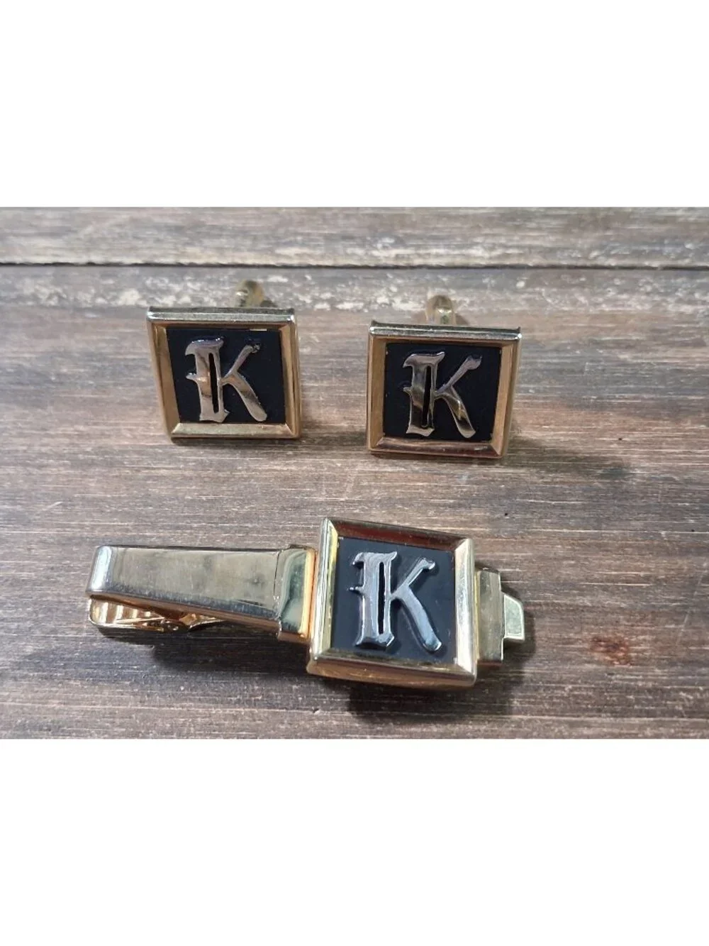 Vintage Monogram Money Clip Letter K Cufflinks Gold Silver Tone Black